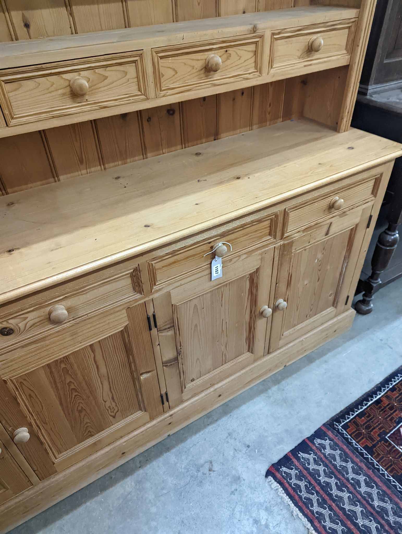 A Victorian style pine dresser, length 182cm, depth 42cm, height 199cm